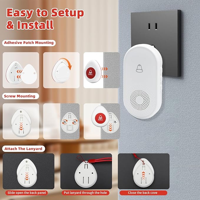 Wireless Caregiver Pager SOS Call Button for Elderly Monitoring 1000+ Feet Life Alert，Emergency Alert System Call Bell for Nurse Patient Disabled 1 Waterproof Transmitter & 1 Plugin Receiver