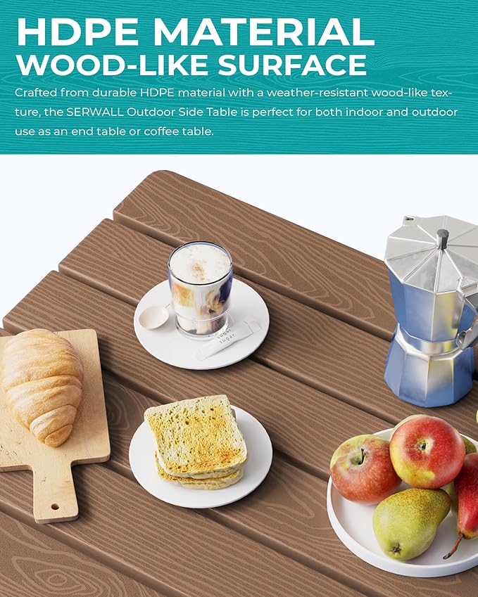 SERWALL Folding Outdoor Side Table, HDPE Adirondack End Table, No Assembly Required Small Table for Indoor and Outdoor Use, Brown