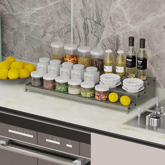 Expandable Spice Rack organizer with 3-Tier step shelf,Modern Design heavy duty,Non Skid and Visibility,Great for Kitchen Cabinet, Pantry and more(3PACKS/GUN-GREY)