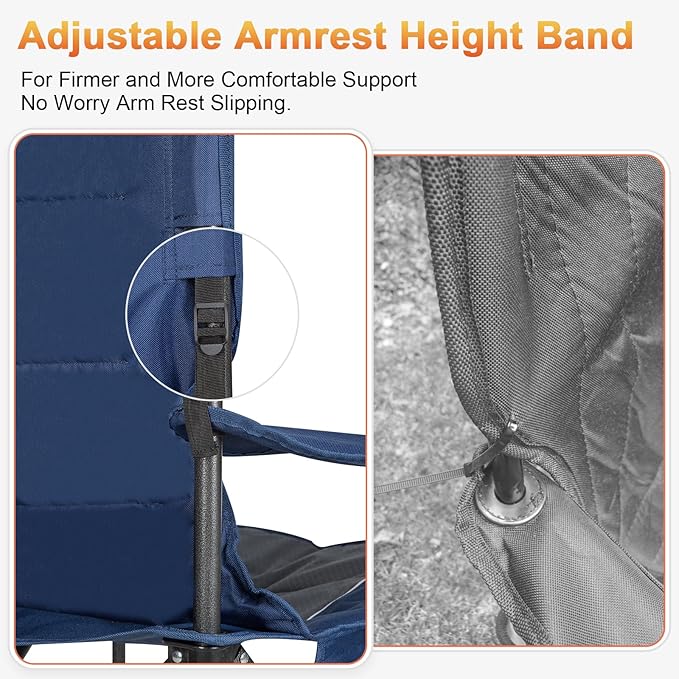 Romswi Oversized Camping Chairs,Heavy Duty Support 500 LBS,Padded Back & Arm Sport Chairs, Cup Holder Cooler Bag, Collapsible Folding Chairs for Outdoor, Fishing & Garden, Blue,2-Pack