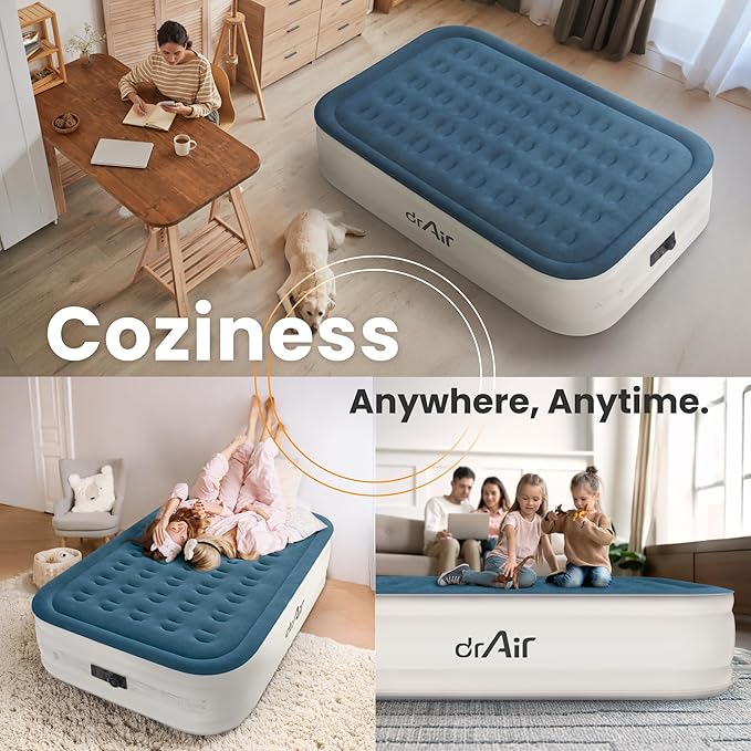 Queen Air Mattress, 18” Raised Inflatable Bed with Built-in Pump, Waterproof Velvety Top, Ergonomic Design, Reinforced Support, and Carry Bag for Home, Camping, and Guests