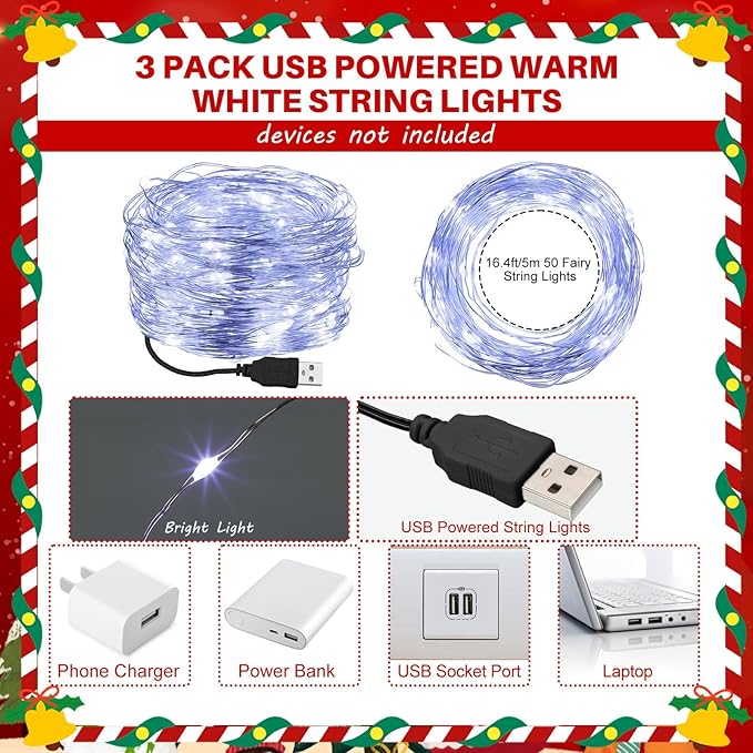 Macarrie 3 Pcs Fairy Lights USB Powered 16 ft 50 LED Lights Plug in for Xmas Indoor Outdoor Party Wedding Home Festival Tree Garden Decoration (White)