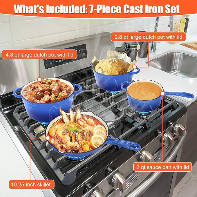 Nonstick Enameled Cast Iron Cookware Set, 7-Pcs Pots and Pans with Lid, Skillet, Frying Pan, Saucepan & Dutch Oven for All Stovetops, PFA Free - Ideal for Sourdough Bread Baking, Cobalt Blue