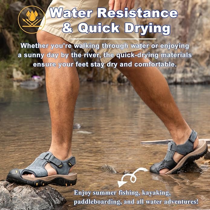 Men's Sport Sandals Closed Toe Leather Hiking Athletic Walking Outdoor Beach Trail River Fishing Water Shoes Lightweight Comfortable Waterproof