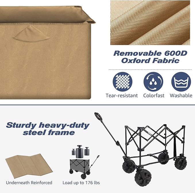Chihee Folding Wagon Cart Garden Cart Heavy-Duty with 2 Cup Holders,Camp Cart for All-Terrain Wheels with Braking System Large Capacity Removable Fabric,for Sporting Events,Camping,Beach Trips