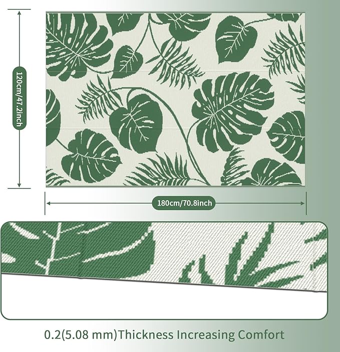 Reversible Plastic Outdoor Rug Green Washable Boho Area Rug for Patio Beach Camping Garden Kids Room Waterproof Outdoor Mat Carpet Large Tropical Jungle Leaf Monstera Palm Lime Plant Cocoer Rig
