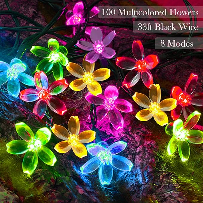 Decorative Colored Pastel Flower String Lights, 33ft 100 LED USB Plug in Cherry Blossom Spring Summer Decoration with Timer for Bedroom Patio Wedding Christmas Easter Hanging, Multicolored