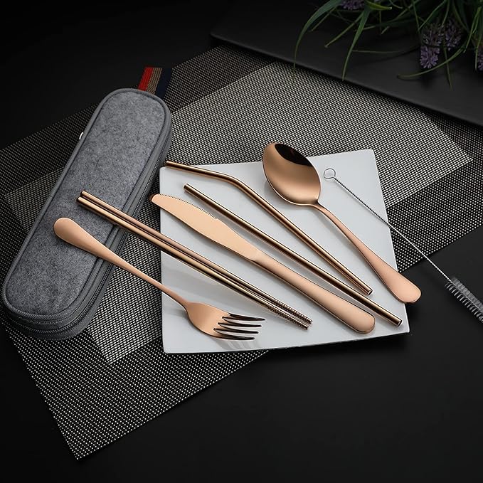 DEVICO Portable Utensils, Travel Camping Cutlery Set, 8-Piece including Knife Fork Spoon Chopsticks Cleaning Brush Straws Portable Case, Stainless Steel Flatware set (Rose Gold)