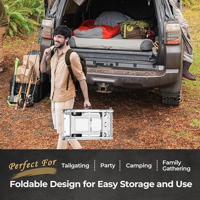 R.W.FLAME Portable Folding Grill & Prep Table with Wheels, Stainless Steel BBQ Stand for Camping, Tailgating & Outdoor Cooking, Rolling Dining Cart for Tabletop Grill, Griddle & Pizza Oven