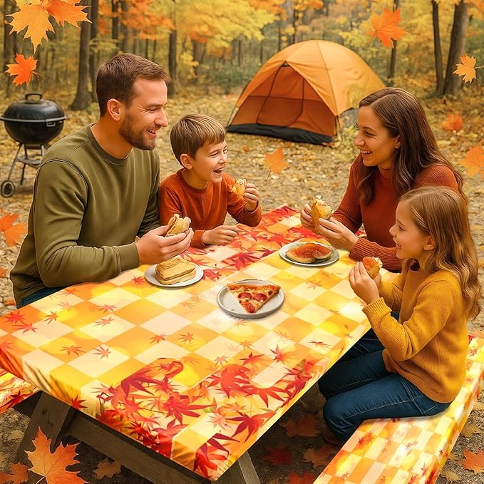 Picnic Table Cover with Bench Covers Elastic Edges, Fall Fitted Table Cover, Outdoor Patio Camping Essentials 72 Inch 3PCS, Waterproof Camping Fitted Tablecloth with Drawstring Bag