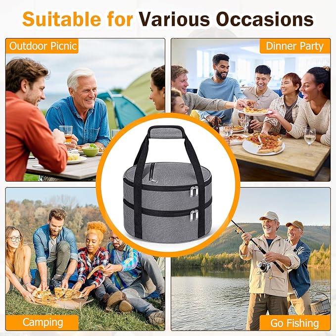 Round Double Insulated Casserole Carrier, Pie Carrier Bag, Portable Casserole Carrier for Hot or Cold Food Lunch Tote, Lunch Bag for Parties Picnic, Fits 12.5" Baking Dish, Grey
