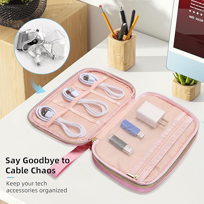 Electronics Organizer Travel Case, Charger Bag Cord Organizer Travel, Compact Tech Pouch Cable Organizer Bag for Charger, Cords, Phone, Headphones, Flash Drive, SD Card (Pink, Small-Double Layer)