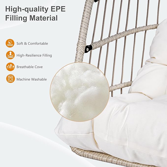 Foldable Hanging Egg Chair with Stand and Pillow, HDPE Rattan and Heavy Duty Aluminum-Steel Frame, Outdoor Patio Wicker Swing Egg Chair with Headrest and Cushioned, 350 Lbs Capacity (Beige)