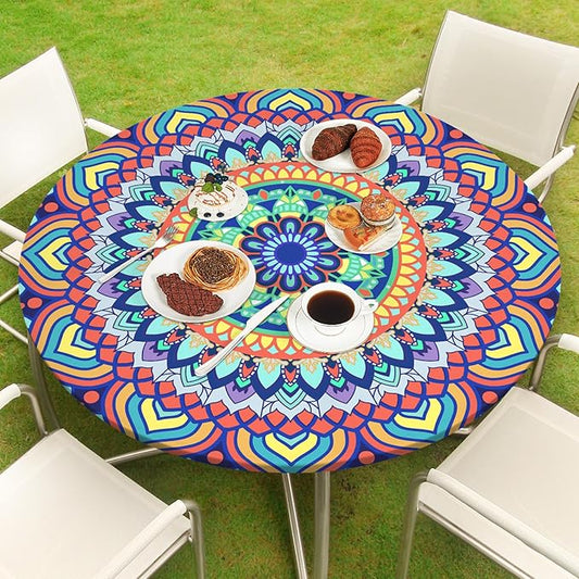 Round Tablecloth Fitted Elastic Table Cover Waterproof Table Cloth for Dinner, Party, Picnic,Camping, Round Table Cover for Indoor Outdoor