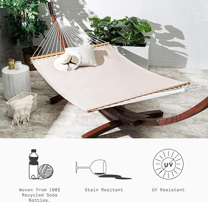 Fab Habitat Solid Recycled Polyester Hammock - Fargo - Khaki - Indoor/Outdoor, Quick Dry, 2 Person 460 lbs Capacity - Patio, Poolside, Backyard, Garden, Beach, Balcony - 12-14 ft Adjustable