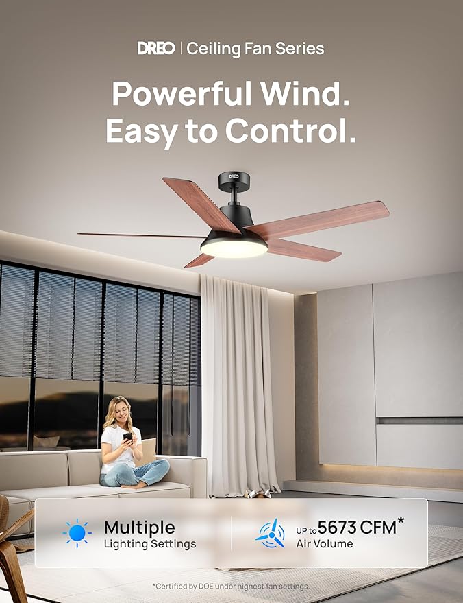 Dreo Ceiling Fans with Lights, 52 Inch, 6 Speeds, 5 Color Tones Dimmable LED, Quiet Reversible DC Motor, Remote, 8H Timer, Black Ceiling Fan for Bedroom, Living Room, Easy to Install