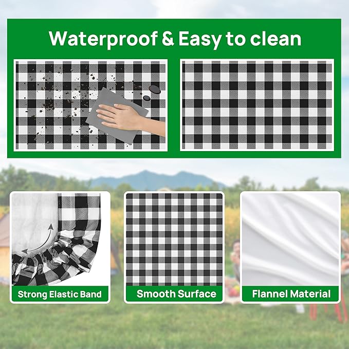 RNOONY Vinyl Fitted Picnic Table Cover with Bench Covers and Bag, 6ft Outdoor Waterproof Windproof Tablecloth with Elastic Edges. Camping RV Gear Campers Must Have 72x30 Inches 4 Pcs Set (Black)