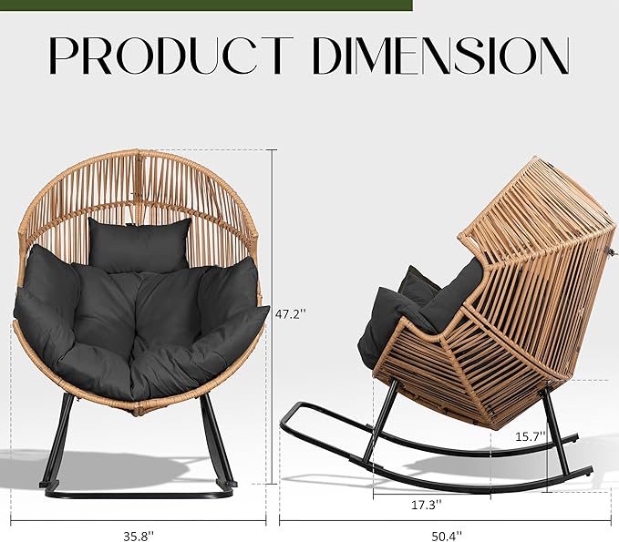 JAMFLY Egg Chair Outdoor Rocking Chairs, Wicker Patio Chair Oversized Lounger Chair with Cushion for Indoor Living Room Bedroom Outside Patio Backyard Balcony, Gray Cushion