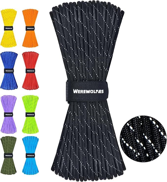 WEREWOLVES Reflective Paracord Rope 7 Strand Type III Parachute Cord 4mm 100ft / 200ft for Tent Camping Hiking Fishing Survival Tactical Clothesline DIY Projects