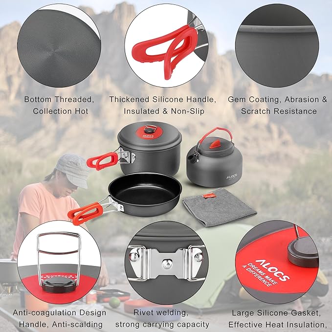 Alocs Camping Cookware Set - Lightweight Camping Cookware Mess Kit - Camping Pots and Pans Set - Camping Cooking Gear with Portable Carry Bag for Outdoor Backpacking Hiking and Picnic