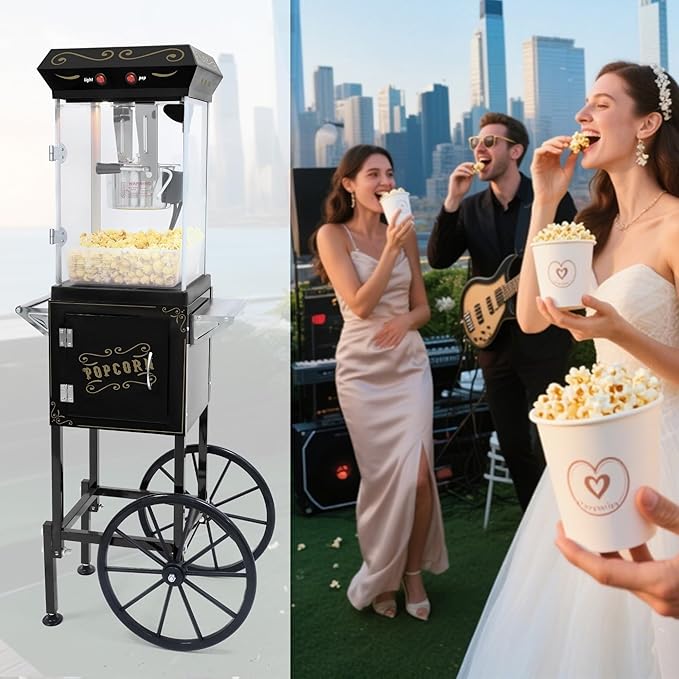 Popcorn Maker Machine - Professional Cart With 6 Oz Kettle Makes Up to 25 Cups, Stainless Steel Vintage Commercial Popcorn Machine Movie Theater Style (Black)