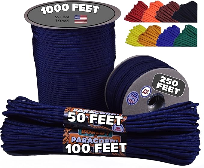 BORED? PARACORD! 550 lb Paracord - Ideal for Crafting, Camping, DIY Projects, Active & Military Outdoors - Strong Survival Rope - Tactical Parachute Cord Type III - Acid Midnight Blue 50 Feet