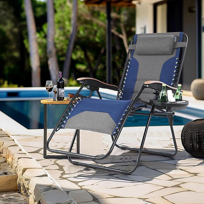 MFSTUDIO Zero Gravity Chairs, Oversized Patio Recliner Chair, Padded Folding Lawn Chair with Cup Holder Tray, Support 400lbs, Cyan