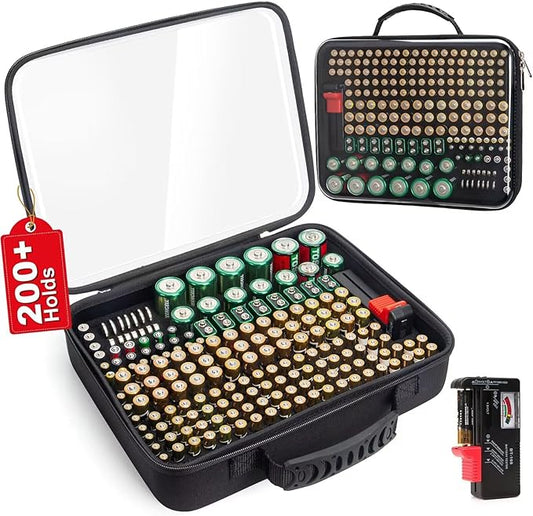 Battery Organizer Storage Case with Tester,Stores & Protects Up to 200+ Batteries, Clear Cover with Easy Carry Handle, Garage Gadget Organization Holds AA AAA C D 9V