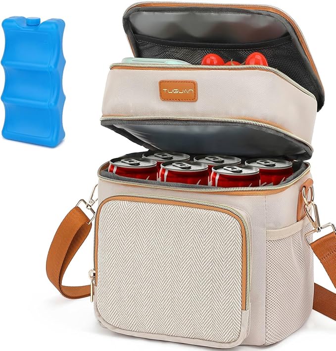 Tuguan Small 12 Can Cooler Bag Double-Layer Premium Portable Insulated Leakproof Lunch Bag Box with Ice Pack Mini Ice Chest Travel Soft Side Cooler for Picnic Hiking Beach Camping