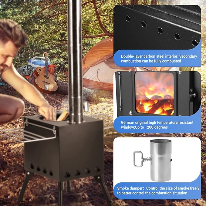 Wood Burning Stove, Wood Stove With Chimney Pipes, Small Camping Wood Stove With Anti-Spark and Adjustment Pipe for Hunting,fishing,Cooking,Heating,Drying Clothes double-layer Hot Tent Stove