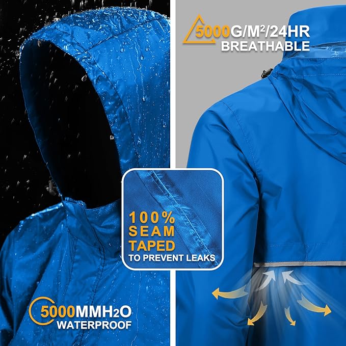 Outdoor Ventures Men's Rain Jacket Waterproof Lightweight Packable Rain Pullover for Hiking Golf Running