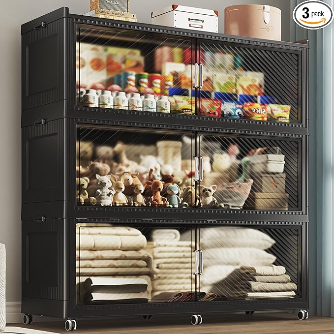 240GAL Extra Large Stackable Storage Bins with Lid, 960QT Plastic Closet Organizer and Storage Cabinet with Wheels and Doors, Folding Storage Box Container for Home Organization, 3Pack Black