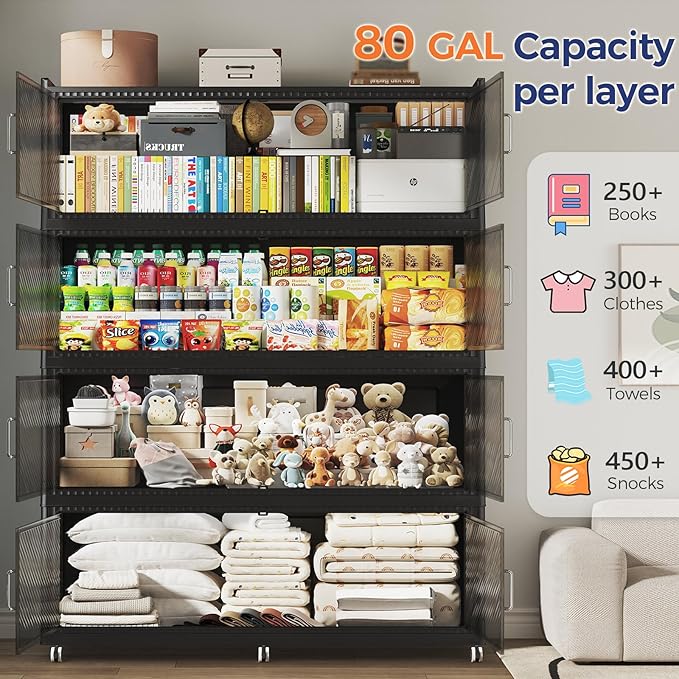 240GAL Extra Large Stackable Storage Bins with Lid, 960QT Plastic Closet Organizer and Storage Cabinet with Wheels and Doors, Folding Storage Box Container for Home Organization, 3Pack Black