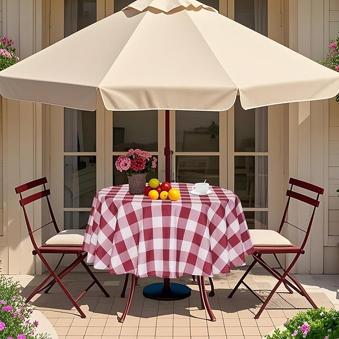 SquarePie Buffalo Checked Outdoor Tablecloth Round 52 Inch Waterproof Zippered Table Cloth Cover for for Patio Picnic Garden Party, Burgundy Red Checkered
