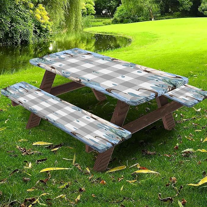 CAPSCEOLL Elastic Picnic Table Cover with Bench Covers 5Ft Waterproof Fitted Picnic Table Cover Cloths for Outdoors Camping Tablecloth with Drawstring Bag, 60X30in, Blue Pumpkins