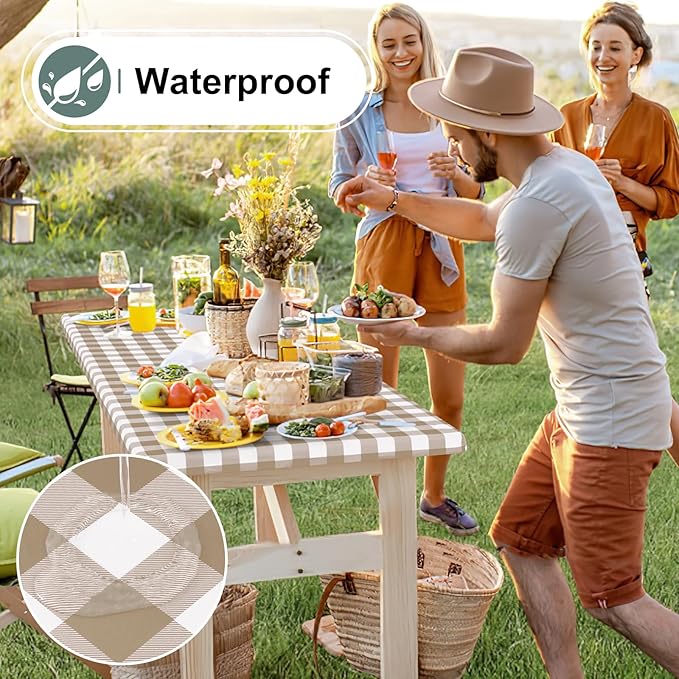 misaya Buffalo Rectangle Picnic Tablecloth, 8 Foot Elastic Fitted Vinyl Table Cloth with Flannel Backing, Waterproof Plaid Table Covers for Dining, Camping, Outdoor (Khaki and White, 30" x 96")