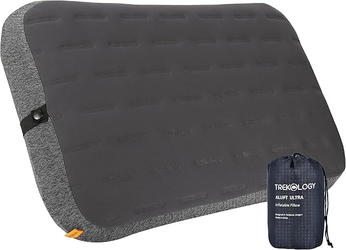 TREKOLOGY Camping Pillow - Large Inflatable (24"x15") for Home-Like Comfort, Portable & Ergonomic, Easy to Clean, Durable & Leak-Proof, Removable Strap for Secure Fit – ALUFT Ultra (Grey)