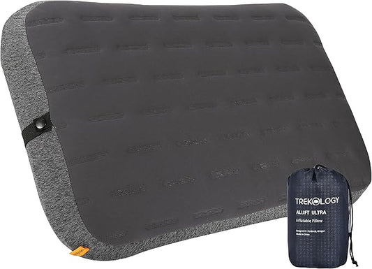 TREKOLOGY Camping Pillow - Large Inflatable (24"x15") for Home-Like Comfort, Portable & Ergonomic, Easy to Clean, Durable & Leak-Proof, Removable Strap for Secure Fit – ALUFT Ultra (Grey)