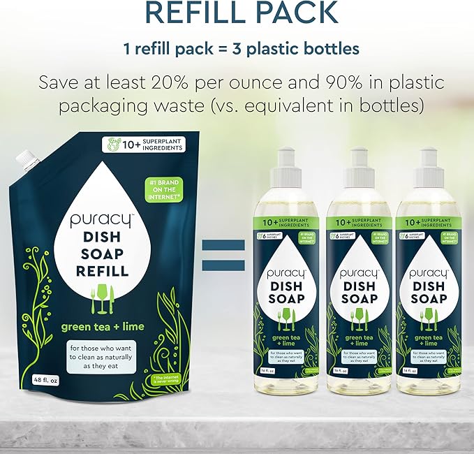 Puracy Natural Dish Soap Refill - Skin-Softening Plant-Based Liquid Dishwashing Detergent Soap, Clean-Rinsing Water-Sheeting Formula (Green Tea & Lime, 48 fl oz)