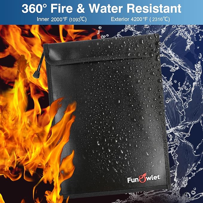FunOwlet Fireproof Waterproof Document Bag, Fire and Water Resistant Safe Zipper Storage Organizer Pouch for A4/A5 Documents Holder, File, Cash, Jewelry, Passport, Tablet, Laptop, 3 Pack (Black)