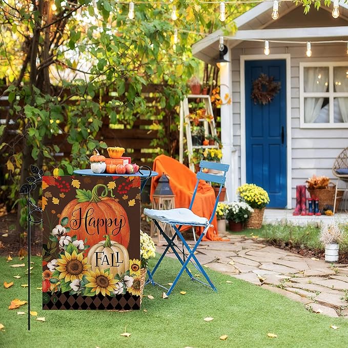 Happy Fall Garden Flag Burlap Autumn Vertical Double Sided Fall Thanksgiving Pumpkin Garden Flag Yard Outdoor Decoration 12.5 X 18 Inch