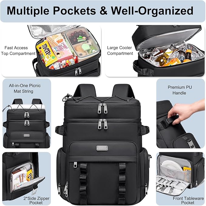 Weitars Insulated Cooler Backpack,Double Deck Waterproof Soft Cooler Bag,Backpack Coolers Leak Proof Lunch Backpack for Men Women for Travel,Camping,Picnic,Beach,Picnic,Outdoor 31L/52 Can