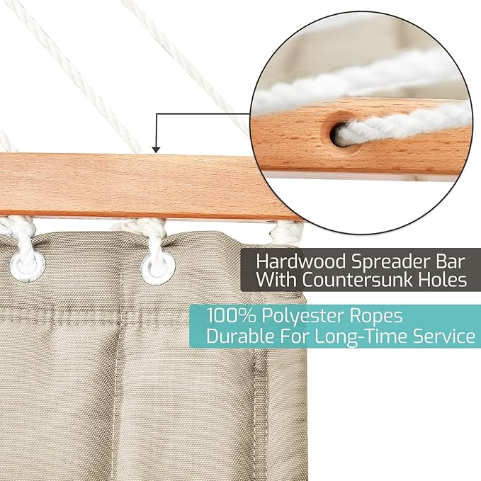 Double Quilted Fabric Hammock with Hardwood Spreader Bars and Pillow 450 LBS Capacity 2 Person Large Hammock for Outdoor Patio Backyard Poolside - Tan