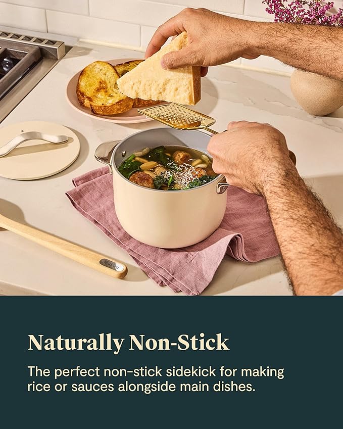 Caraway Petite Cooker - 2 Qt Ceramic Coated Pot - Free From Forever Chemicals - Perfect for Rice, Grains, or Sauces - Gray