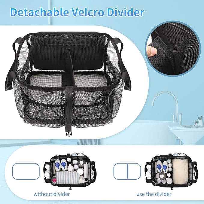 Mesh Shower Caddy Portable, Quick Dry Hanging Toiletry Bag for College Dorm Essentials with 4 Pockets/Divider/Plastic Bottom, Travel Tote Bag for Camping, Bathroom, Beach, Swimming, Gym