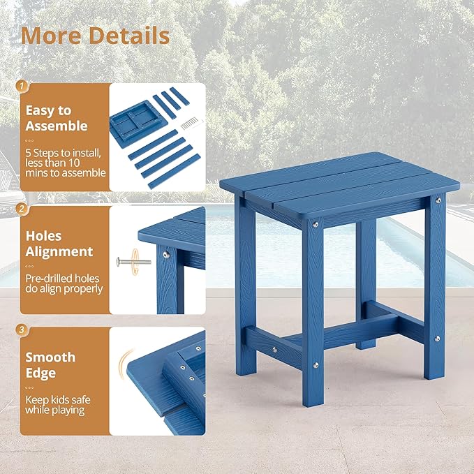 LUE BONA Outdoor Side Table, HDPS Small Outdoor Adirondack Side Tables, Outside End Table for Patio, Porch, Deck, Pool, Weather Resistant/Easy Maintenance, Navy Blue