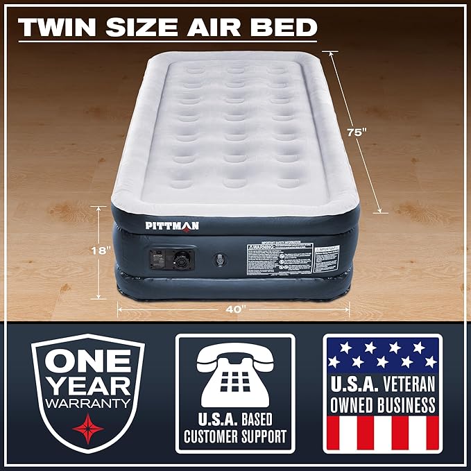 Pittman - Air Mattress Twin with Built in Pump - Black 18" Double High Twin Air Mattress with Built in Pump That Inflates & Deflates - Blow Up Mattress is Ideal for Guests or Camping