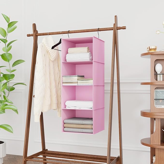 Hanging Closet Organizer, Easy Mount Foldable 4-Shelf Hanging Closet Wardrobe Storage Shelves, Clothes Handbag Shoes Accessories Storage, Washable Oxford Cloth Fabric, Pink