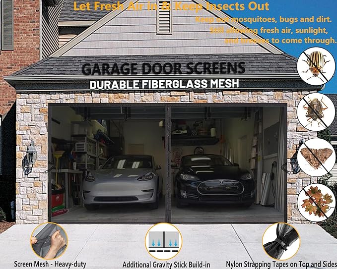 Garage Door Screen for 2 Car Garage 16x7 FT - Magnetic Retractable Fiberglass Mesh 16x7ft & Heavy Duty Weighted Bottom, Include Screws & Repair Patches - Easy Assembly for Patio Workshop Gym