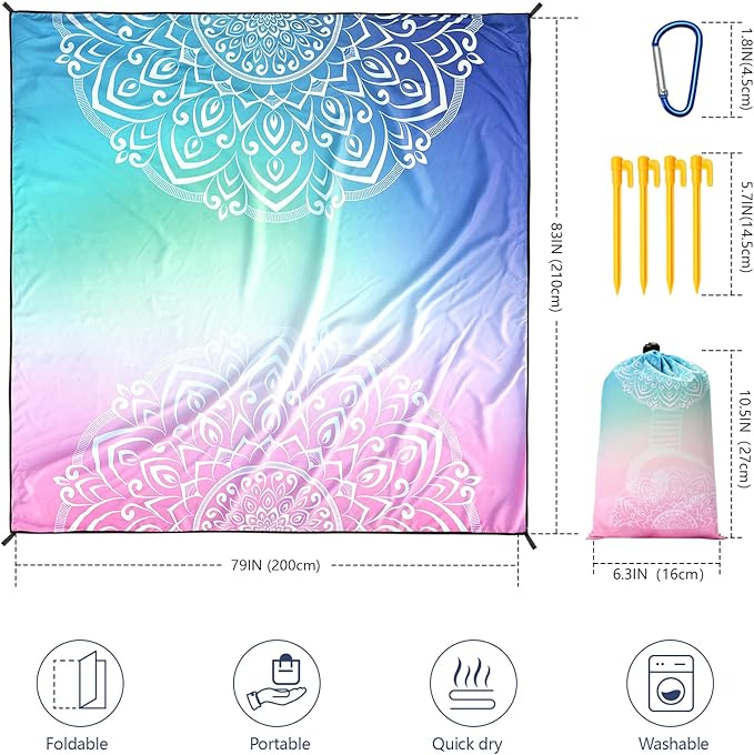 Beach Blanket Waterproof Sandproof Extra Large Beach Mat 79" X 83"/120"x108"for 1-8 Adults Quick Drying Durable Outdoor Picnic Mat for Beach Travel Camping Hiking